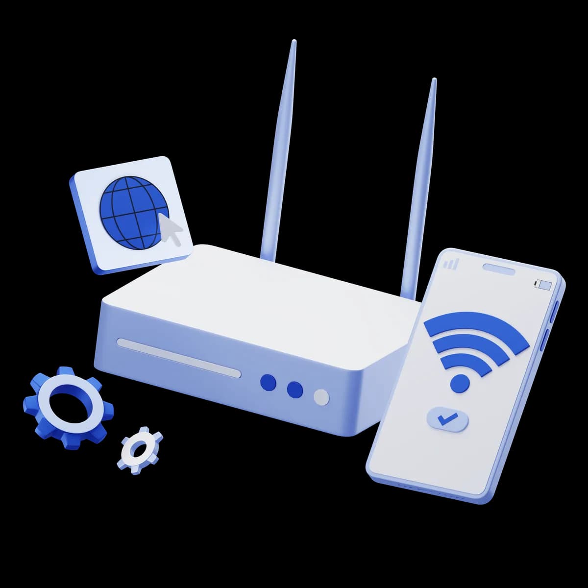 Router z ikonami konfiguracji, symbol połączenia Amazona z Apilo